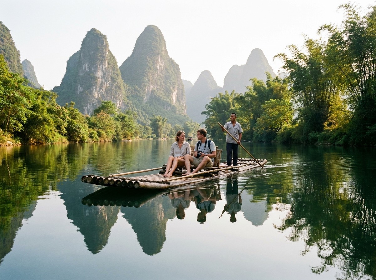 Barca de bambú al atardecer por el río Yulong